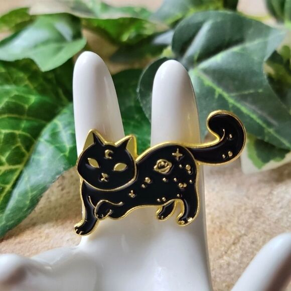 Black & Gold Cat Enamel Pin Mystical magical Spooky Cat Fashion pins Moon planet - Picture 5 of 11